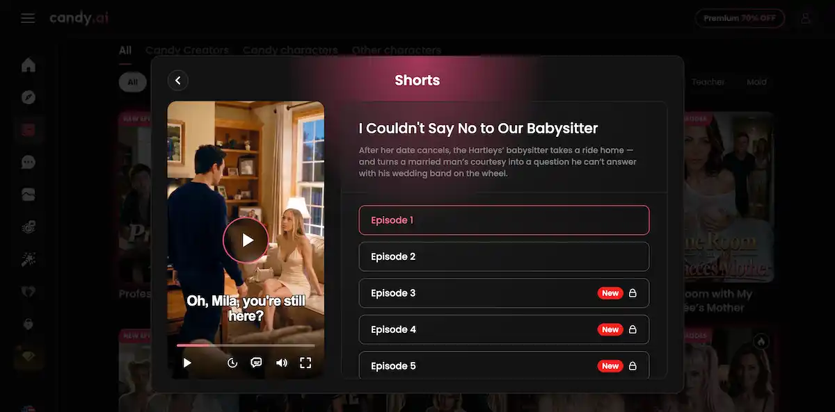 Candy Shorts video player with playback speed and subtitle language options